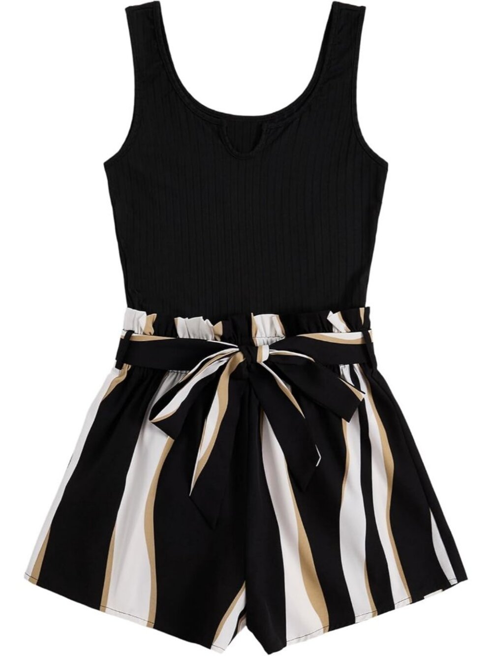 Women's Multicolor Black Summer Sleeveless Belted Tank Short Polyester Romper